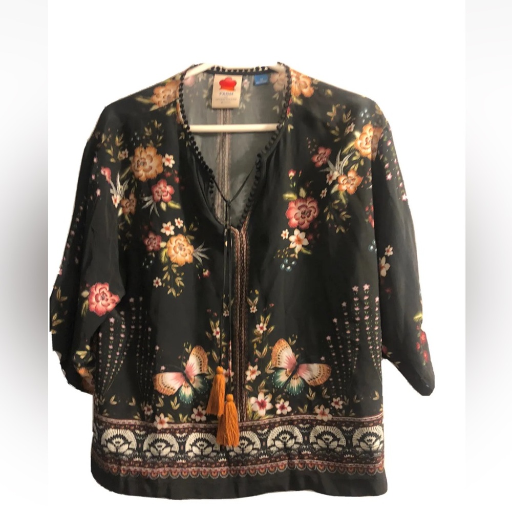Farm Rio Anthropologie Butterfly Blouse Tassels Top Size XS